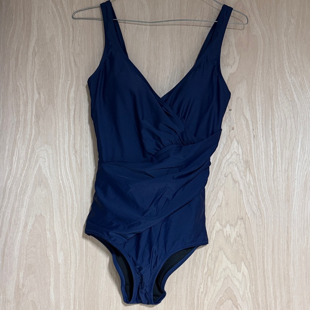 Solid Navy Surplice One-Piece Swimsuit